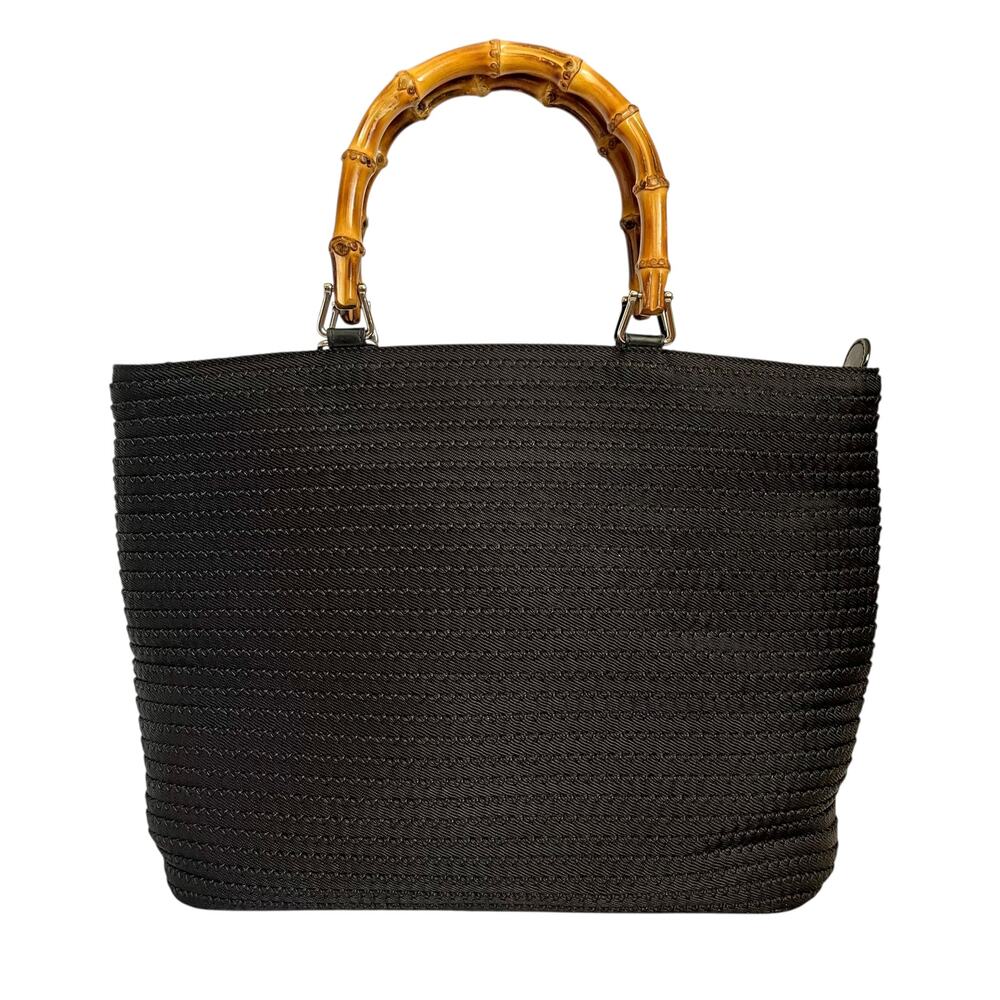Gucci Vintage Bamboo Top-Handle Black Tiered Nylon Leather Trim Shopper Tote Bag